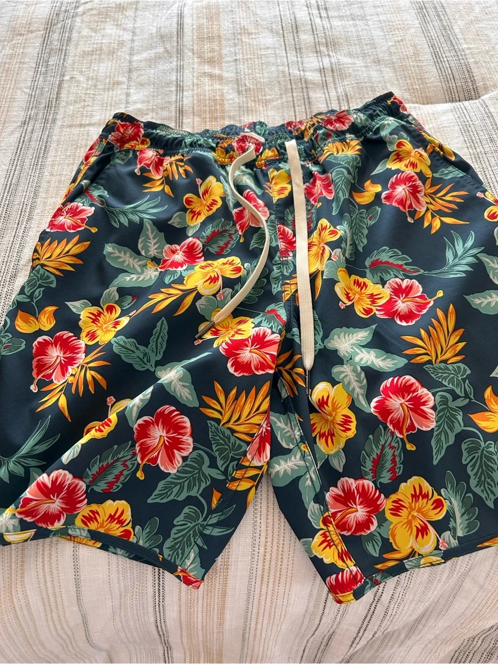 Fair Harbor Navy Floral Swim Trunks with Red and Yellow Hibiscus